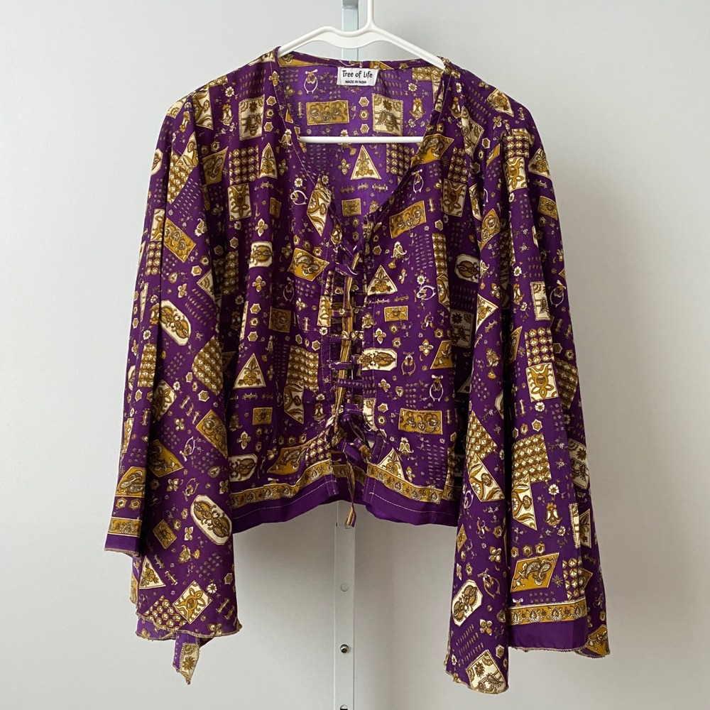 Tree of Life Boho Fairy Bell Sleeves Lace Up Geometric Purple Top One Size
